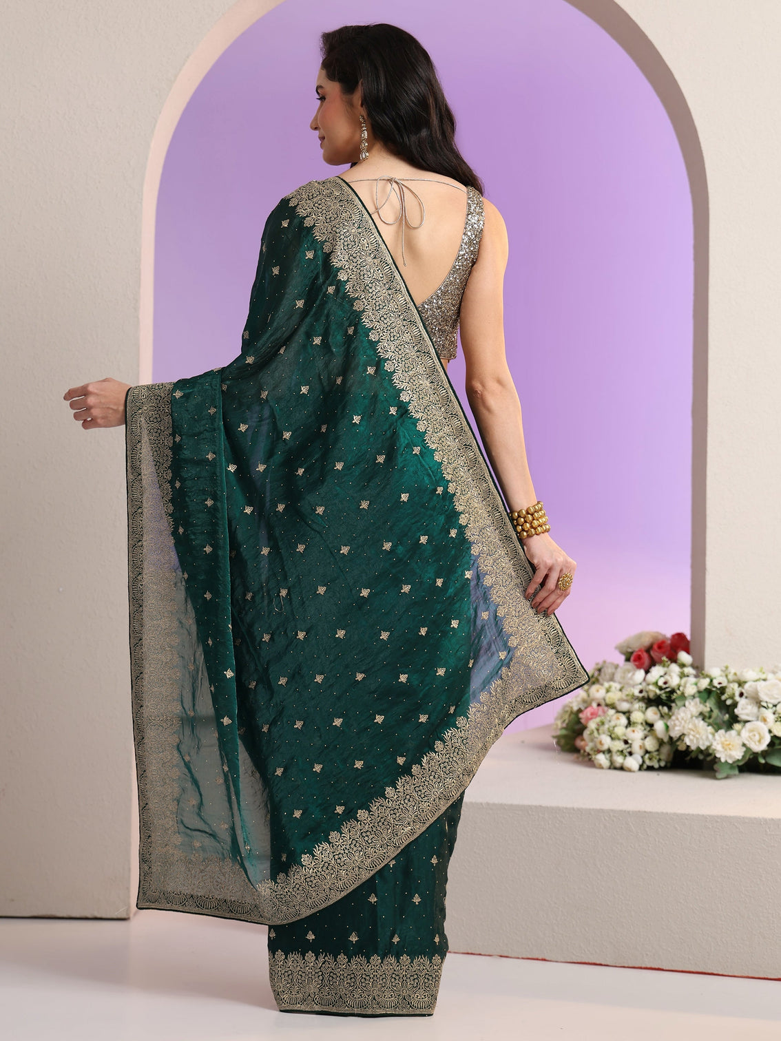 Mameraa Dark Teal Green Embroidered Tissue Saree
