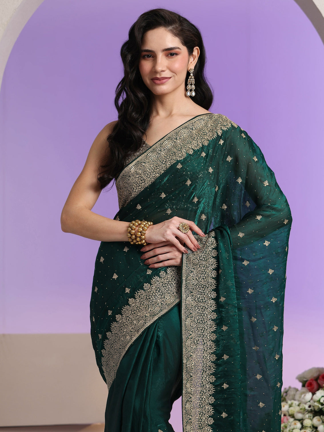 Mameraa Dark Teal Green Embroidered Tissue Saree