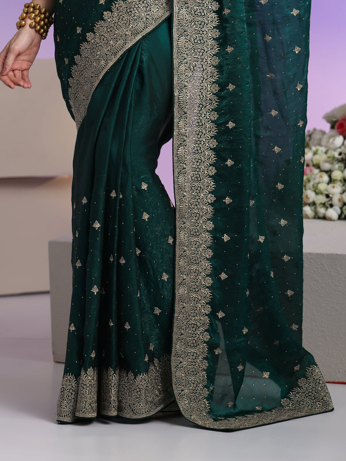 Mameraa Dark Teal Green Embroidered Tissue Saree