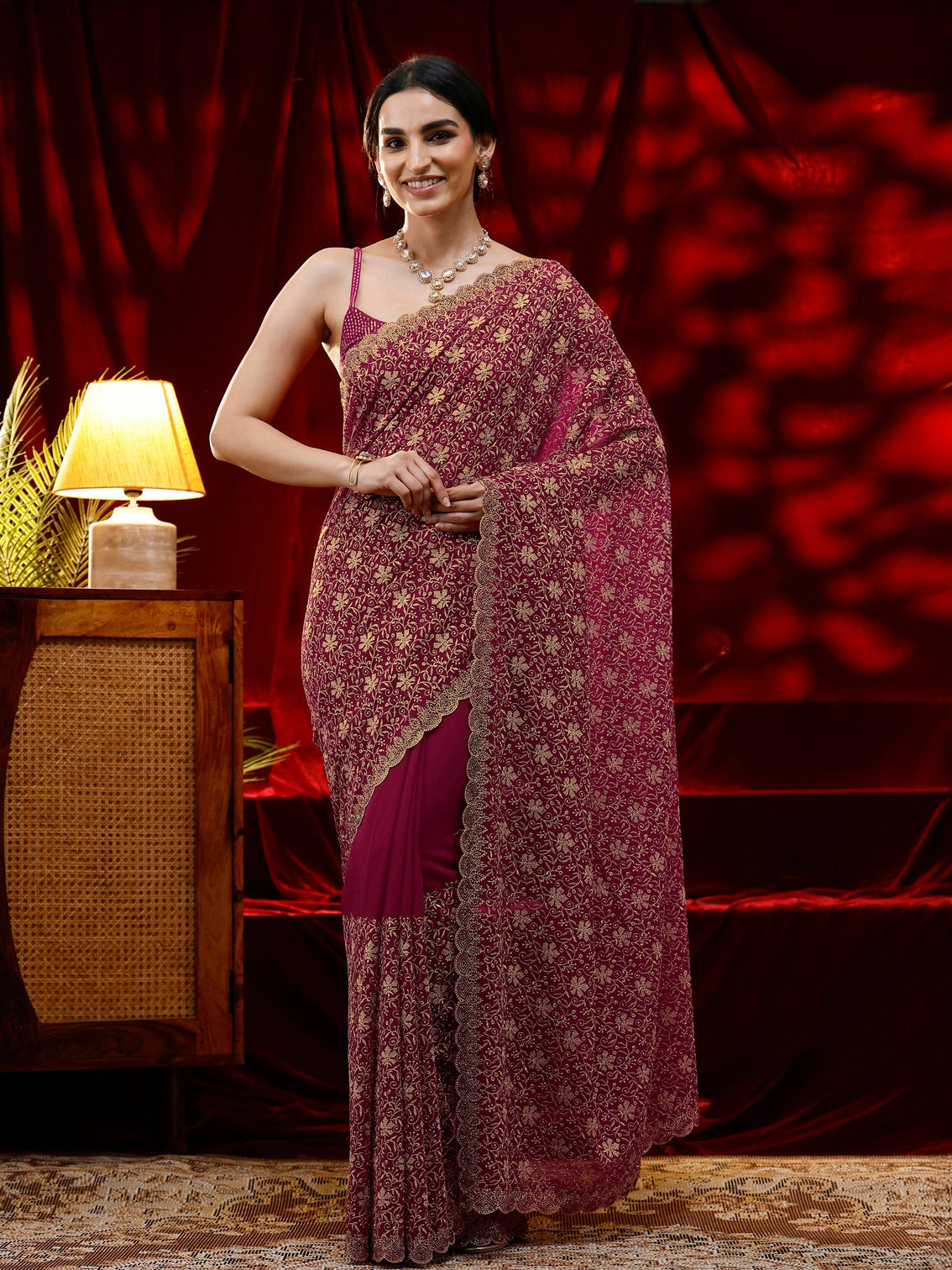 Mameraa Pink Floral Embroidered Georgette Saree