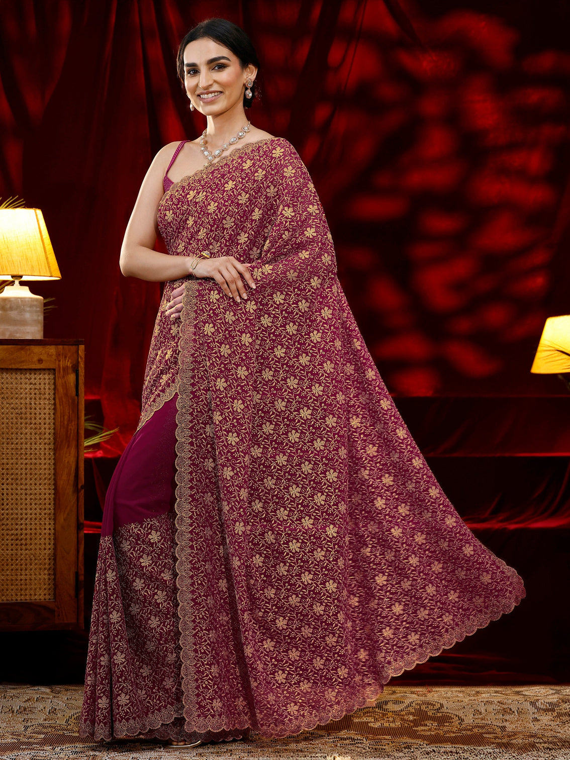 Mameraa Pink Floral Embroidered Georgette Saree