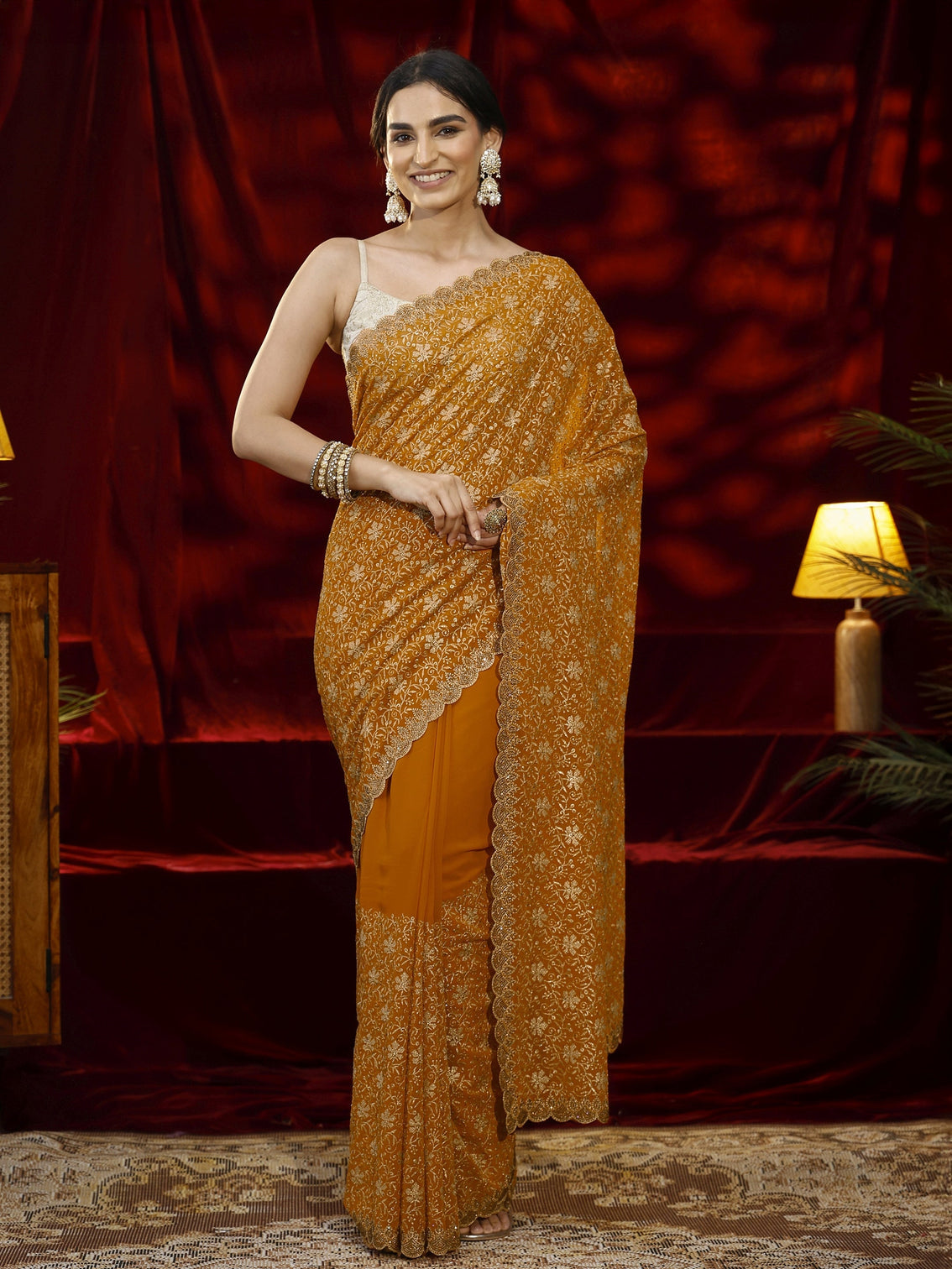 Mameraa Mustard Floral Embroidered Georgette Saree