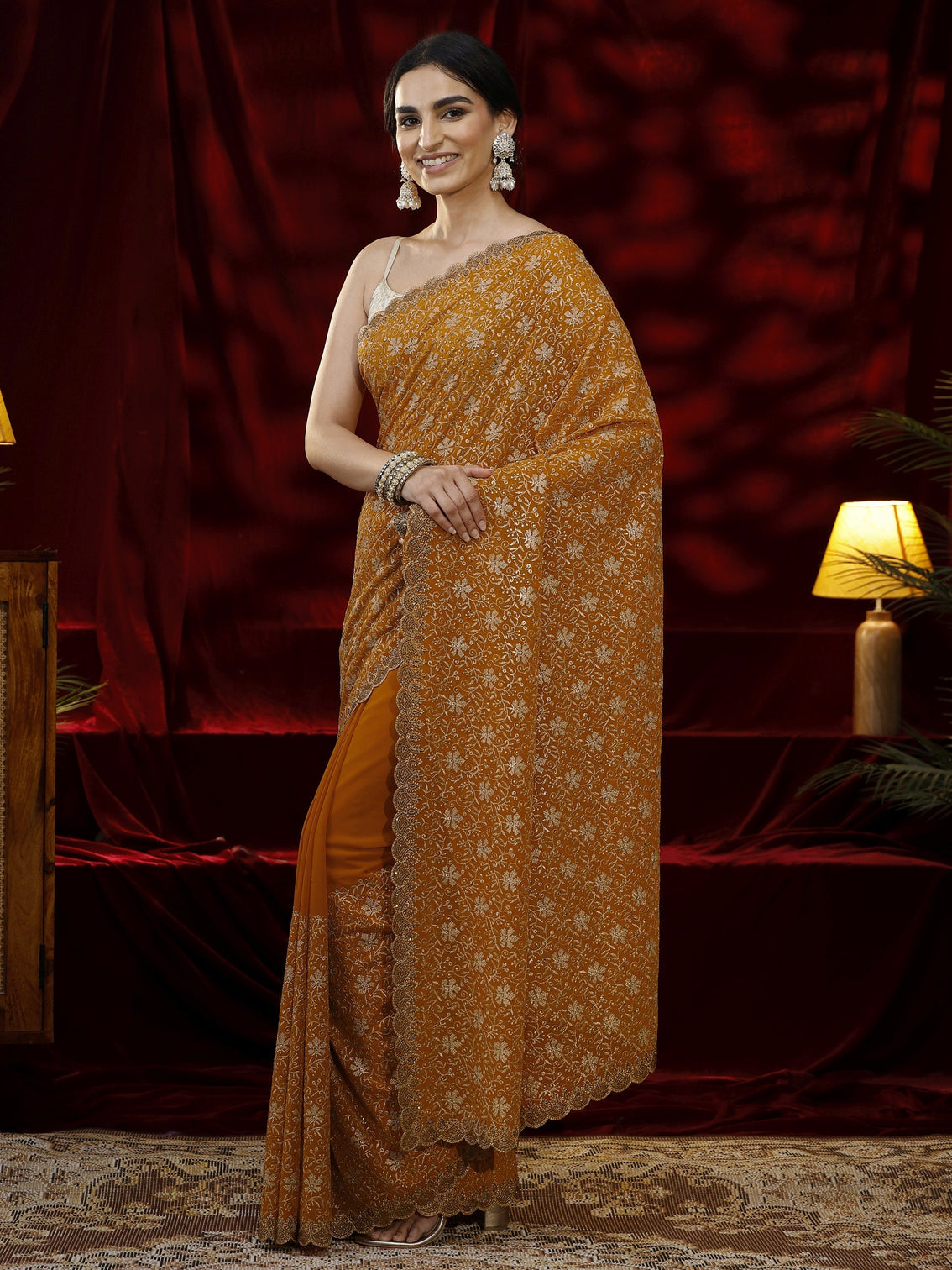 Mameraa Mustard Floral Embroidered Georgette Saree