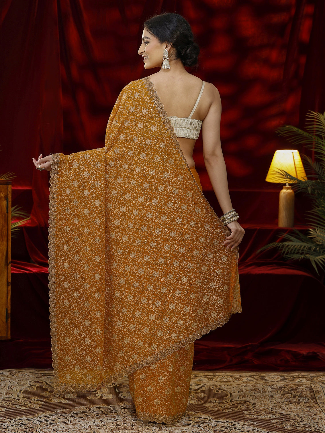 Mameraa Mustard Floral Embroidered Georgette Saree