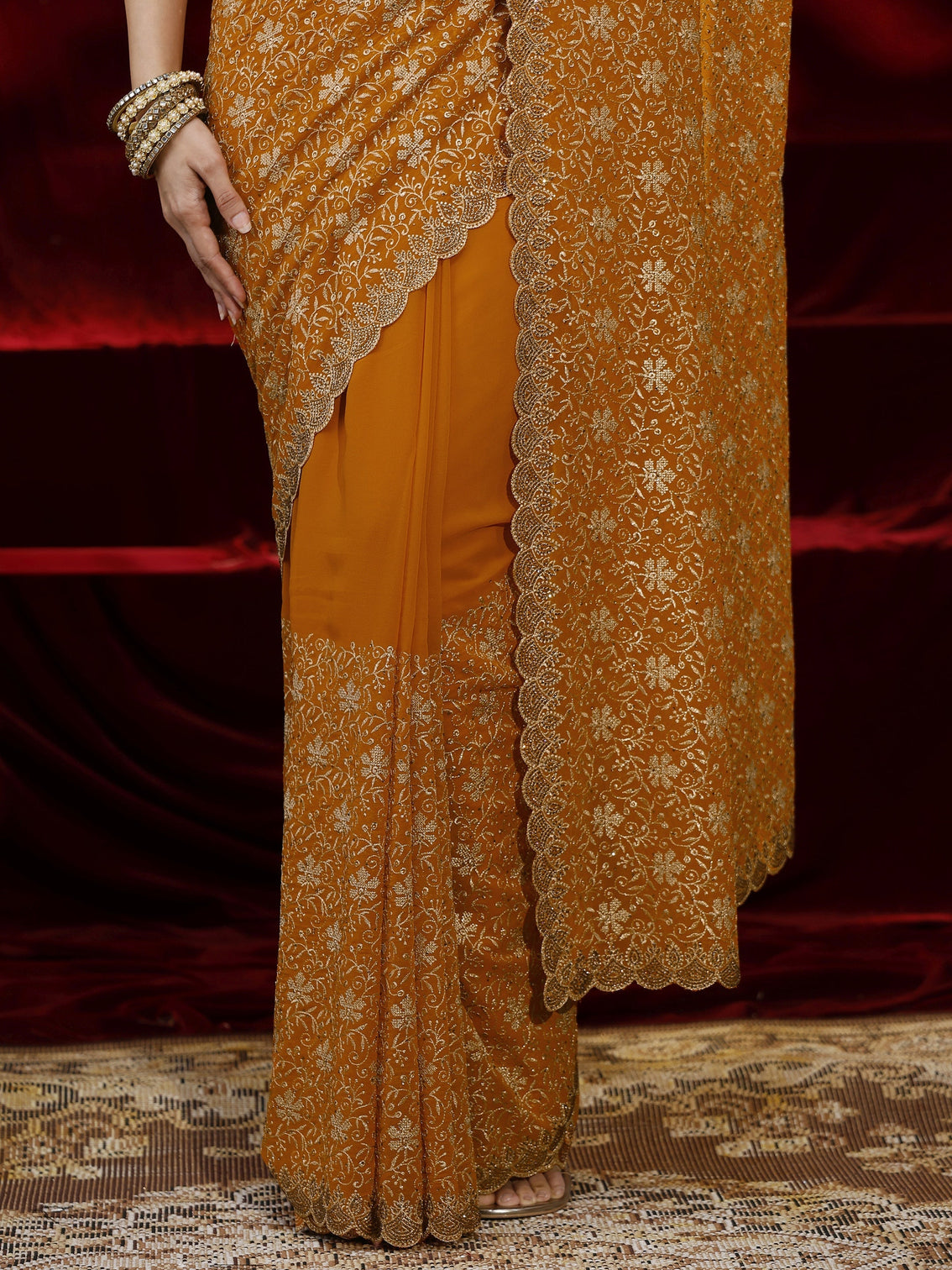 Mameraa Mustard Floral Embroidered Georgette Saree