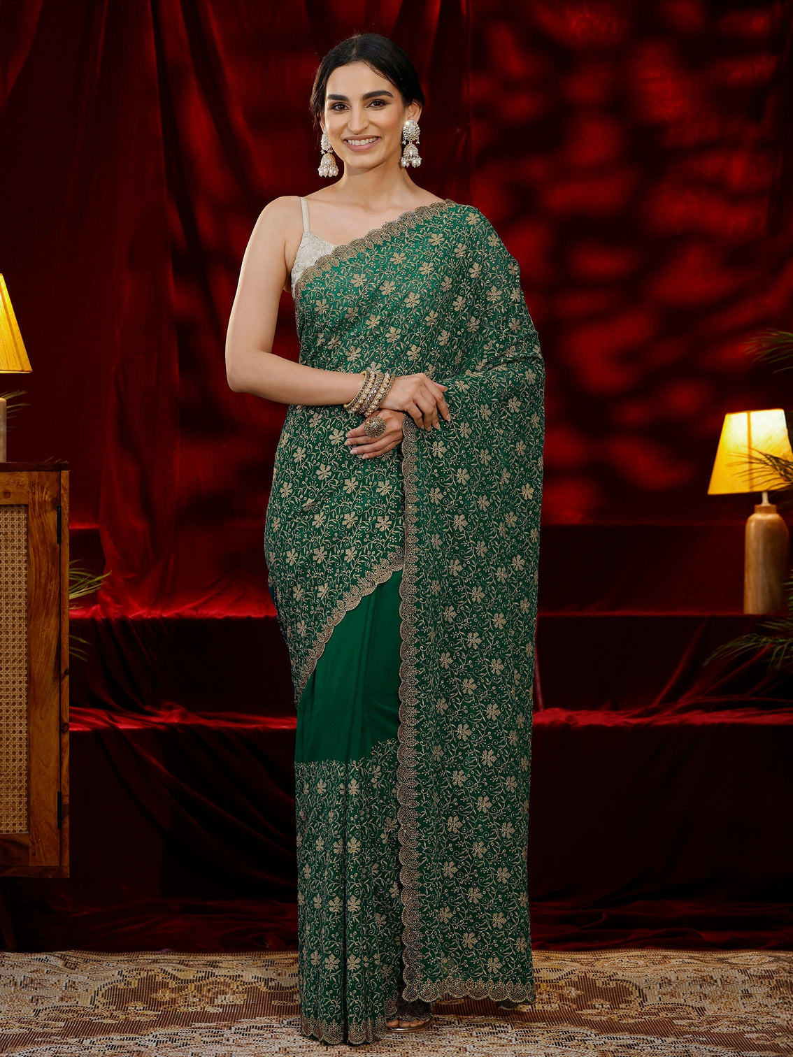 Mameraa Green Floral Embroidered Georgette Saree