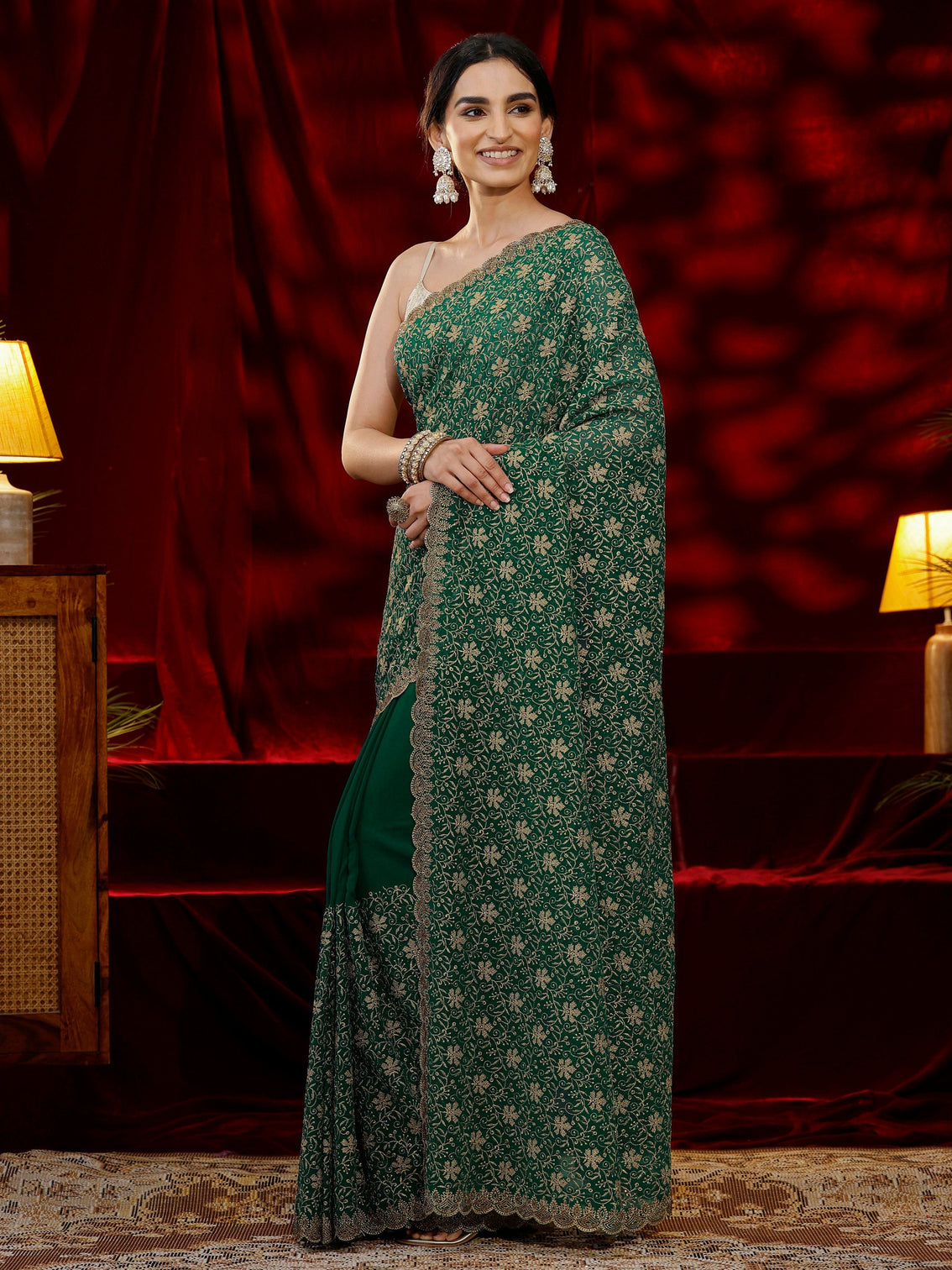 Mameraa Green Floral Embroidered Georgette Saree