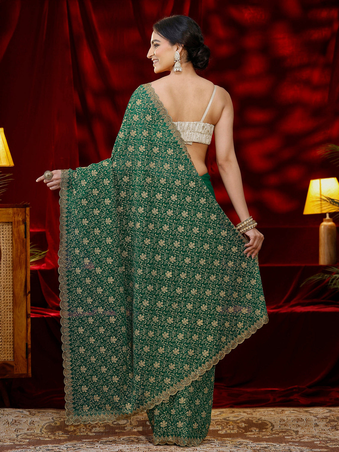 Mameraa Green Floral Embroidered Georgette Saree