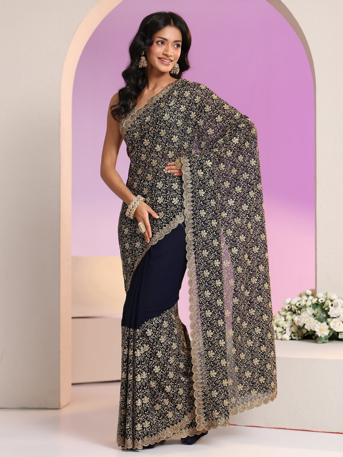 Mameraa Navy Blue Floral Embroidered Georgette Saree