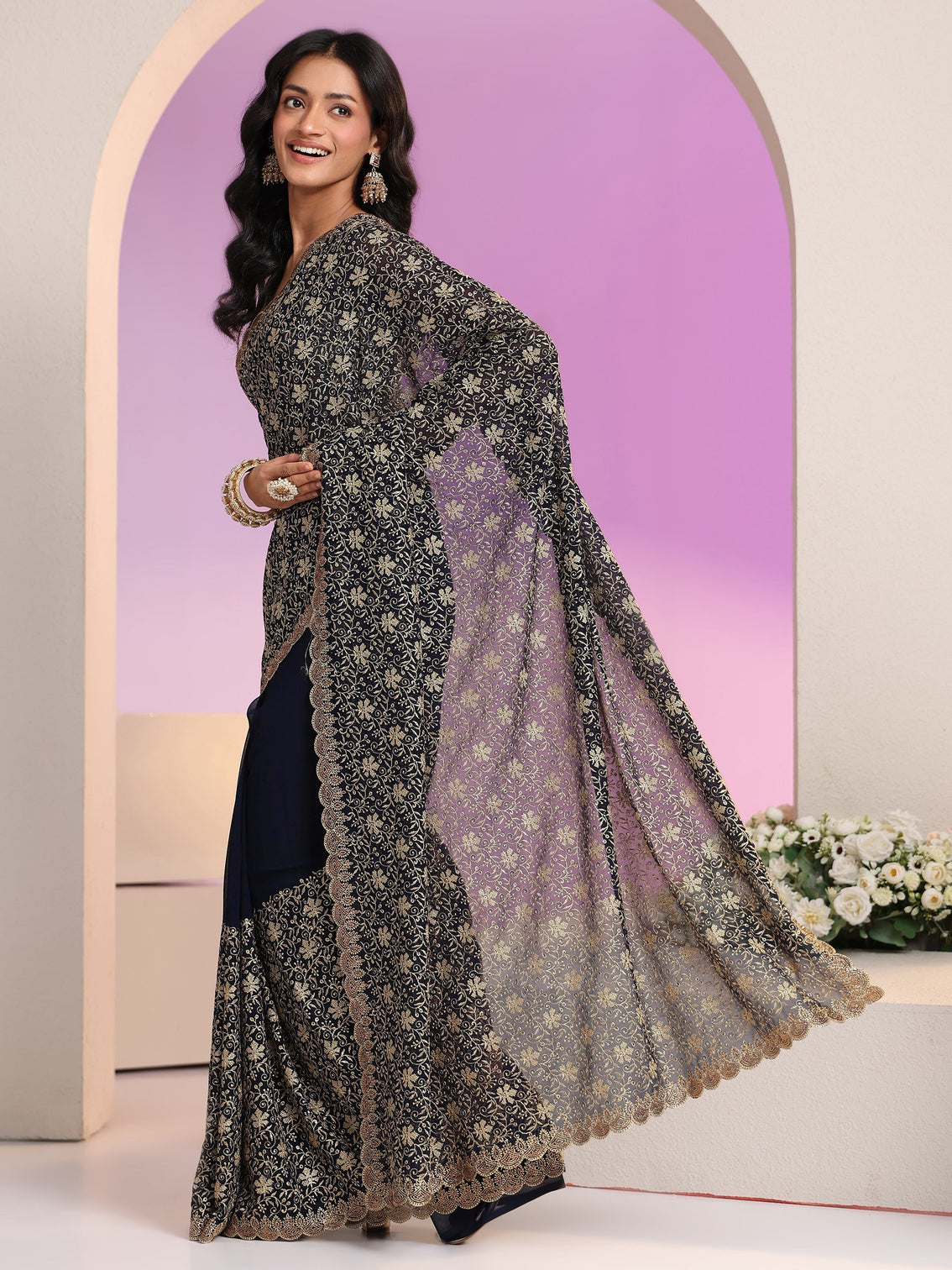 Mameraa Navy Blue Floral Embroidered Georgette Saree