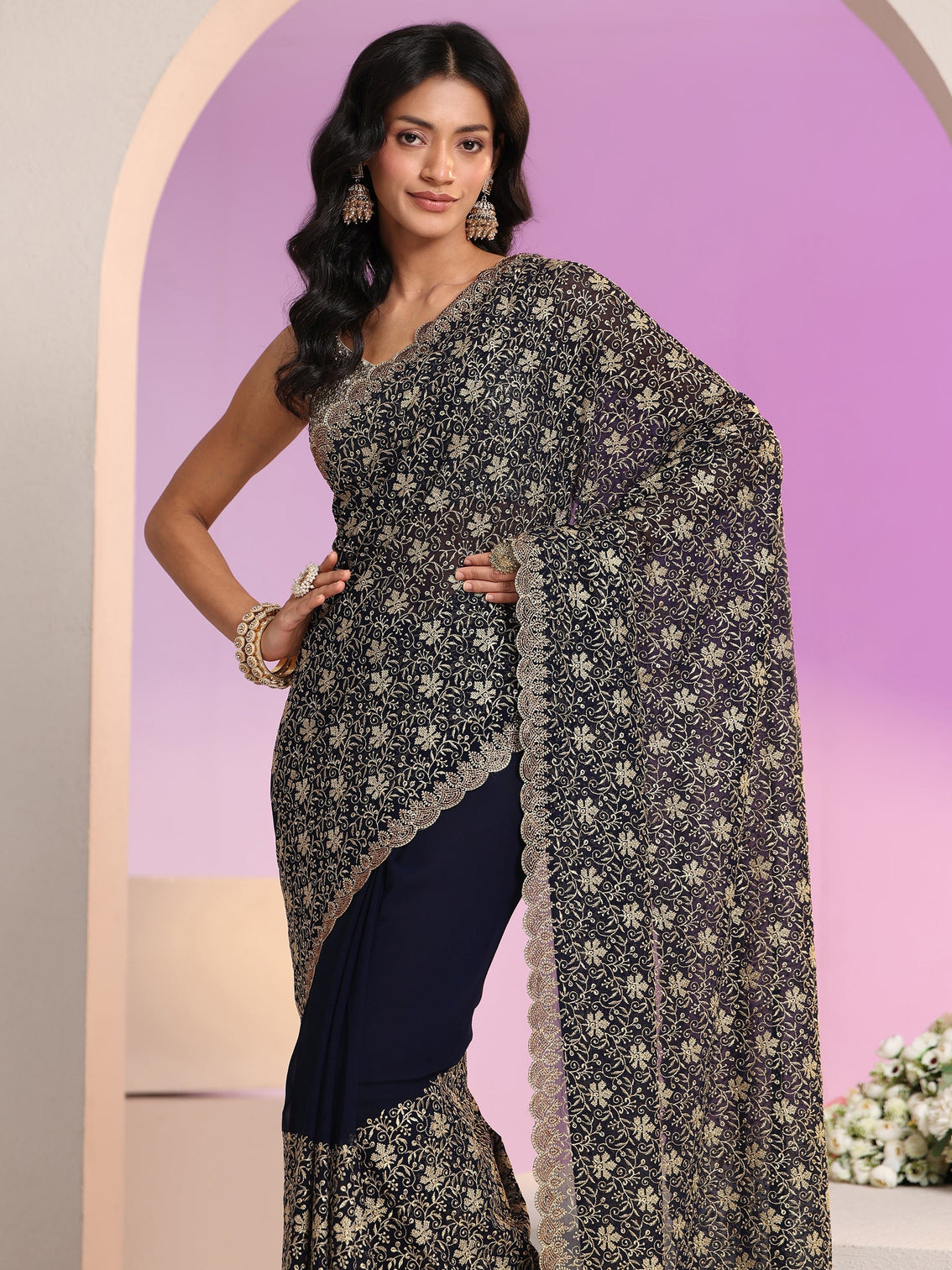 Mameraa Navy Blue Floral Embroidered Georgette Saree