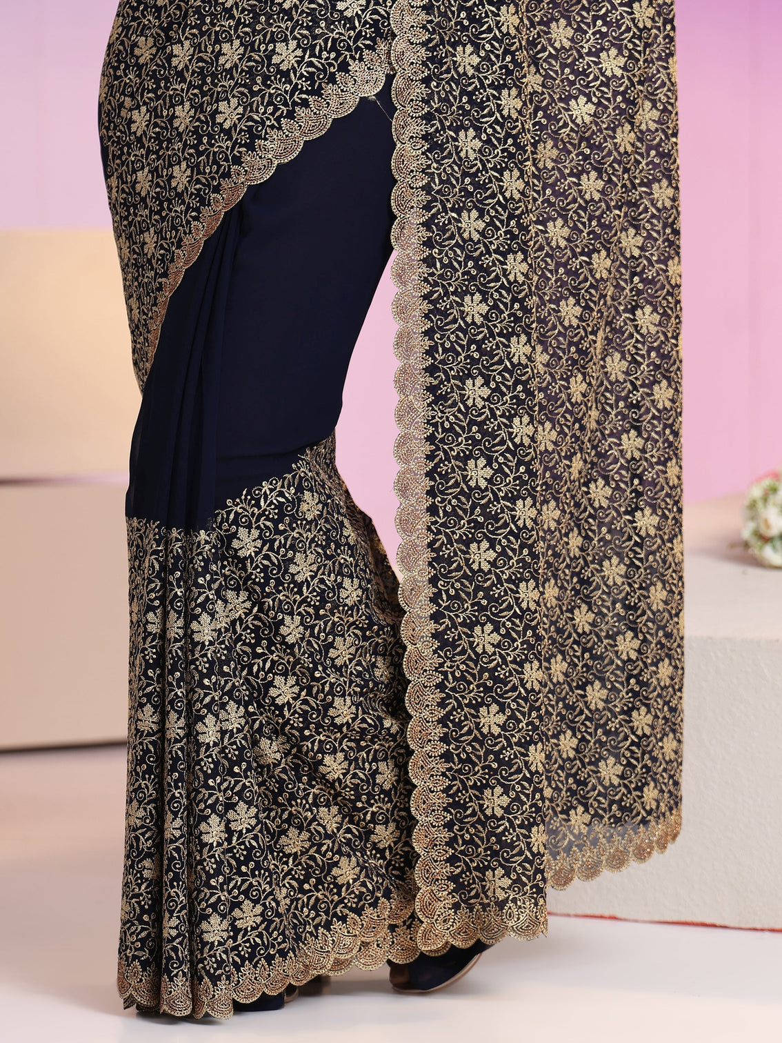 Mameraa Navy Blue Floral Embroidered Georgette Saree
