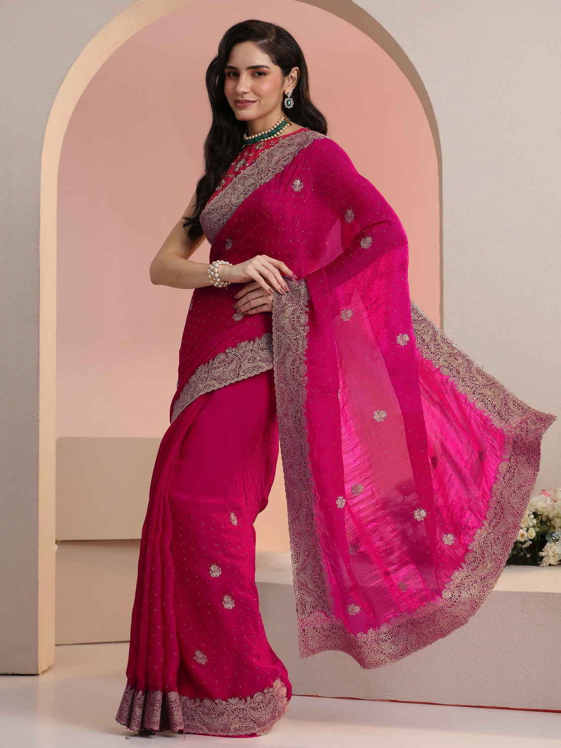 Mameraa Rani Pink Embroidered Tissue Saree