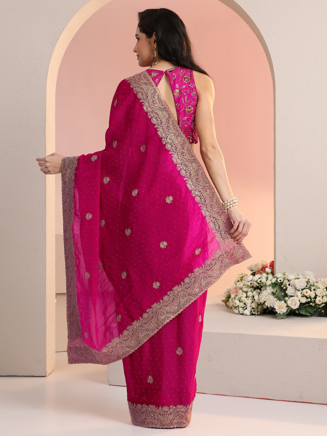 Mameraa Rani Pink Embroidered Tissue Saree