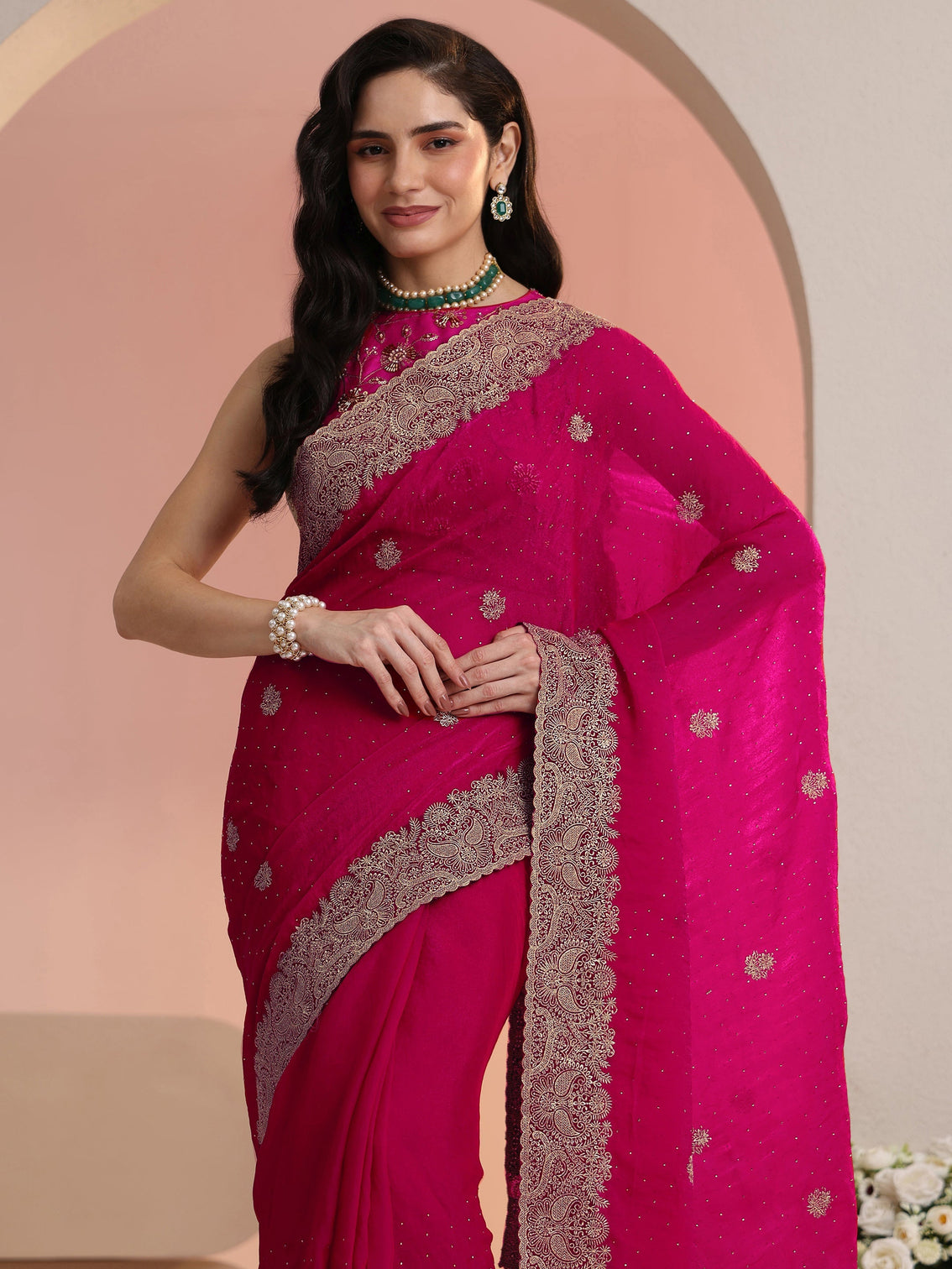 Mameraa Rani Pink Embroidered Tissue Saree