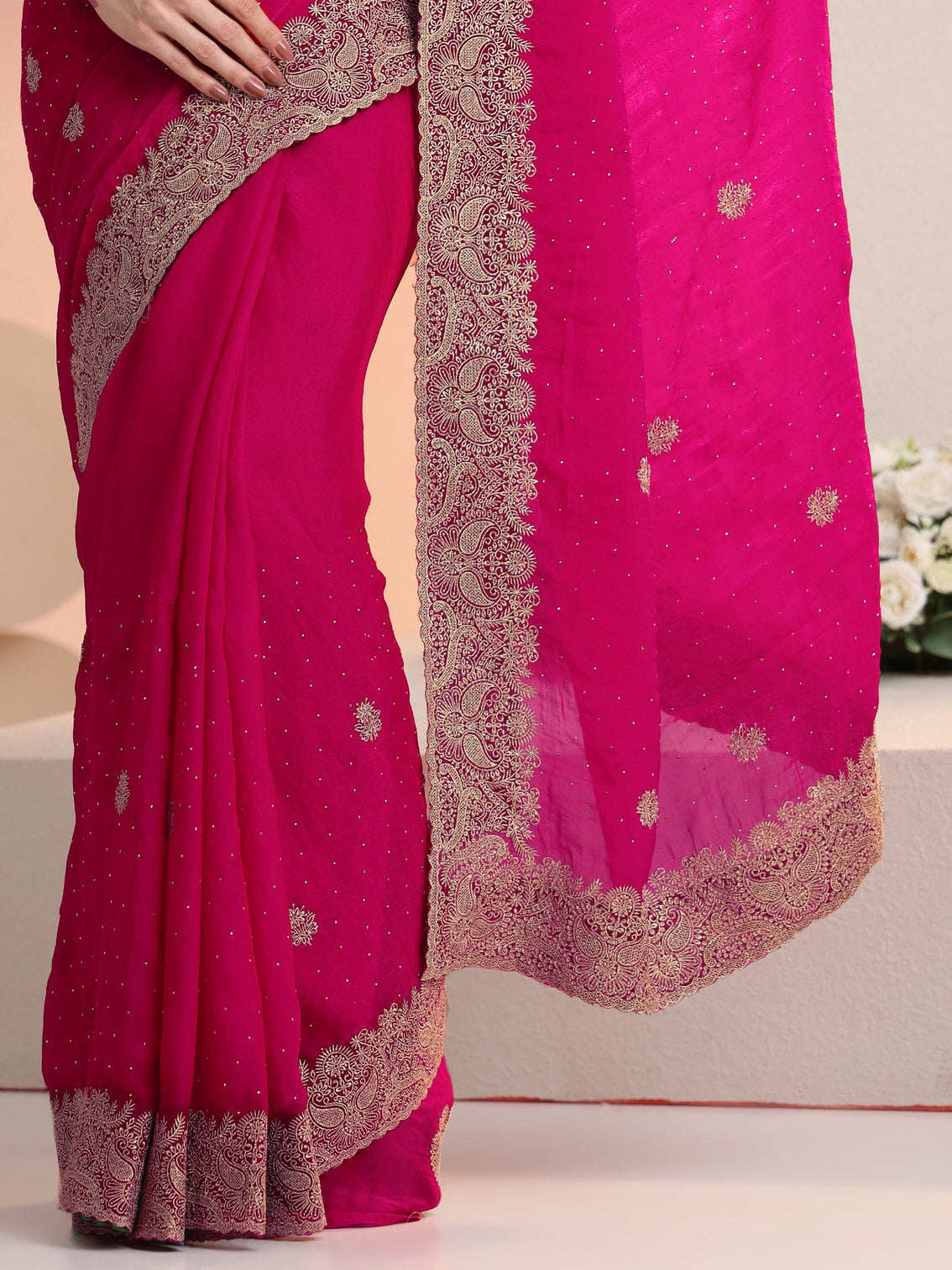 Mameraa Rani Pink Embroidered Tissue Saree