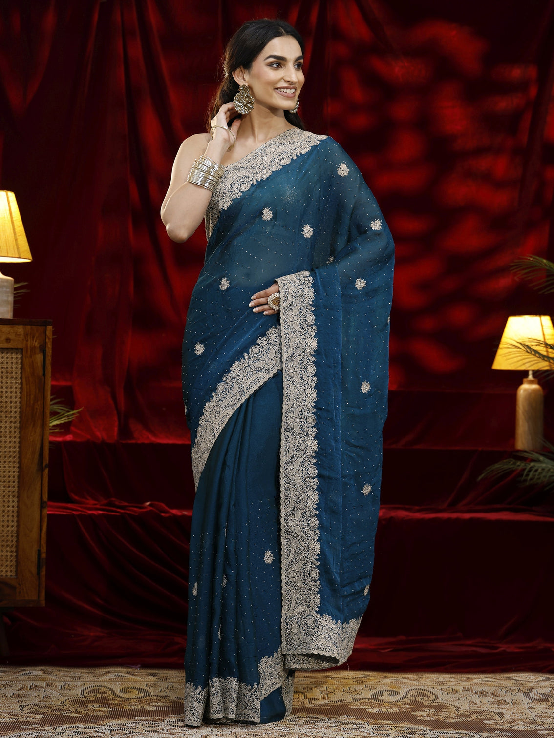 Mameraa Blue Floral Embroidered Tissue Saree