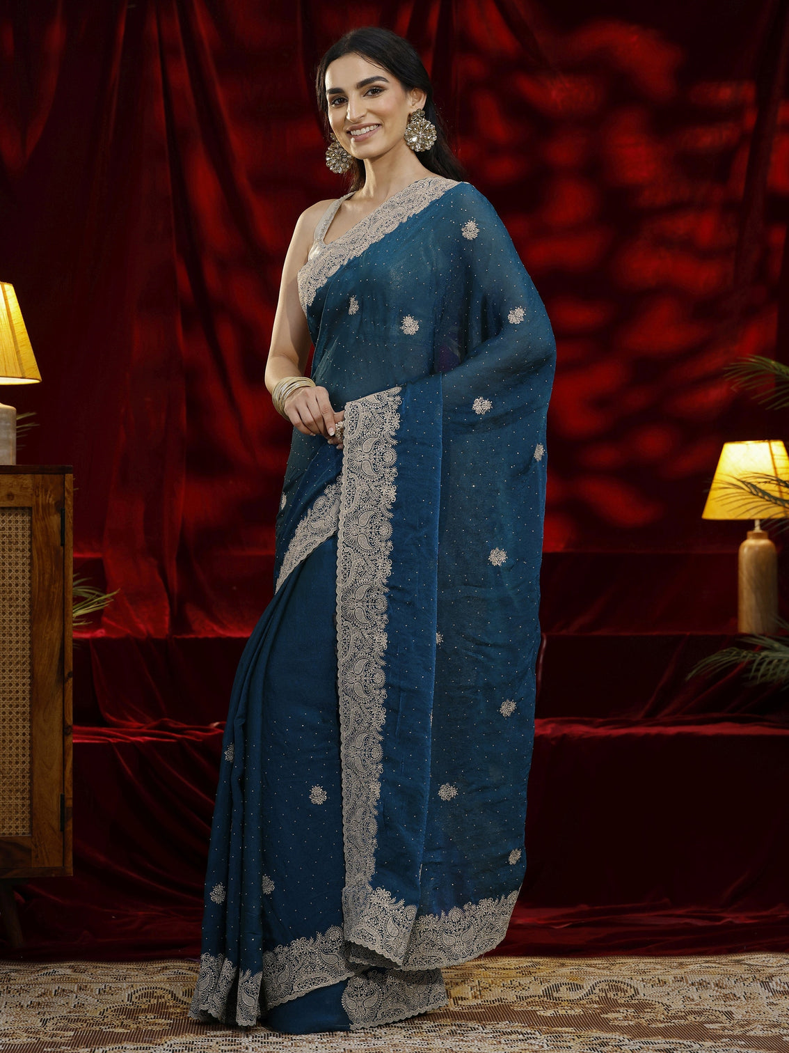 Mameraa Blue Floral Embroidered Tissue Saree