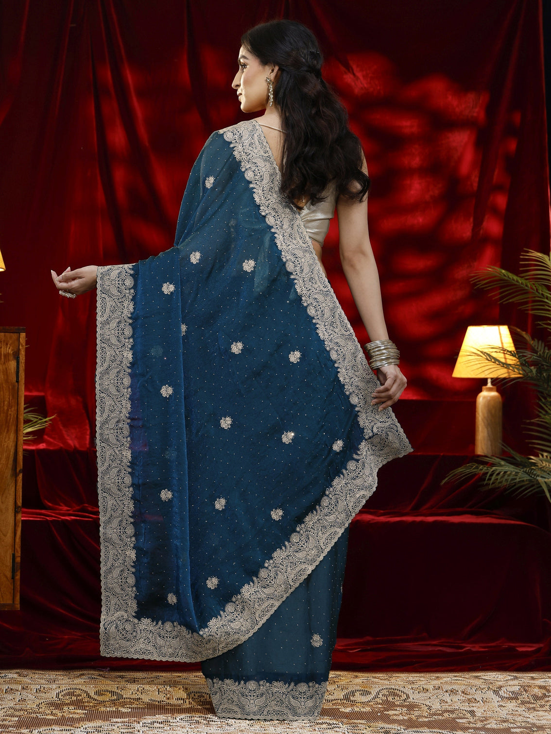 Mameraa Blue Floral Embroidered Tissue Saree