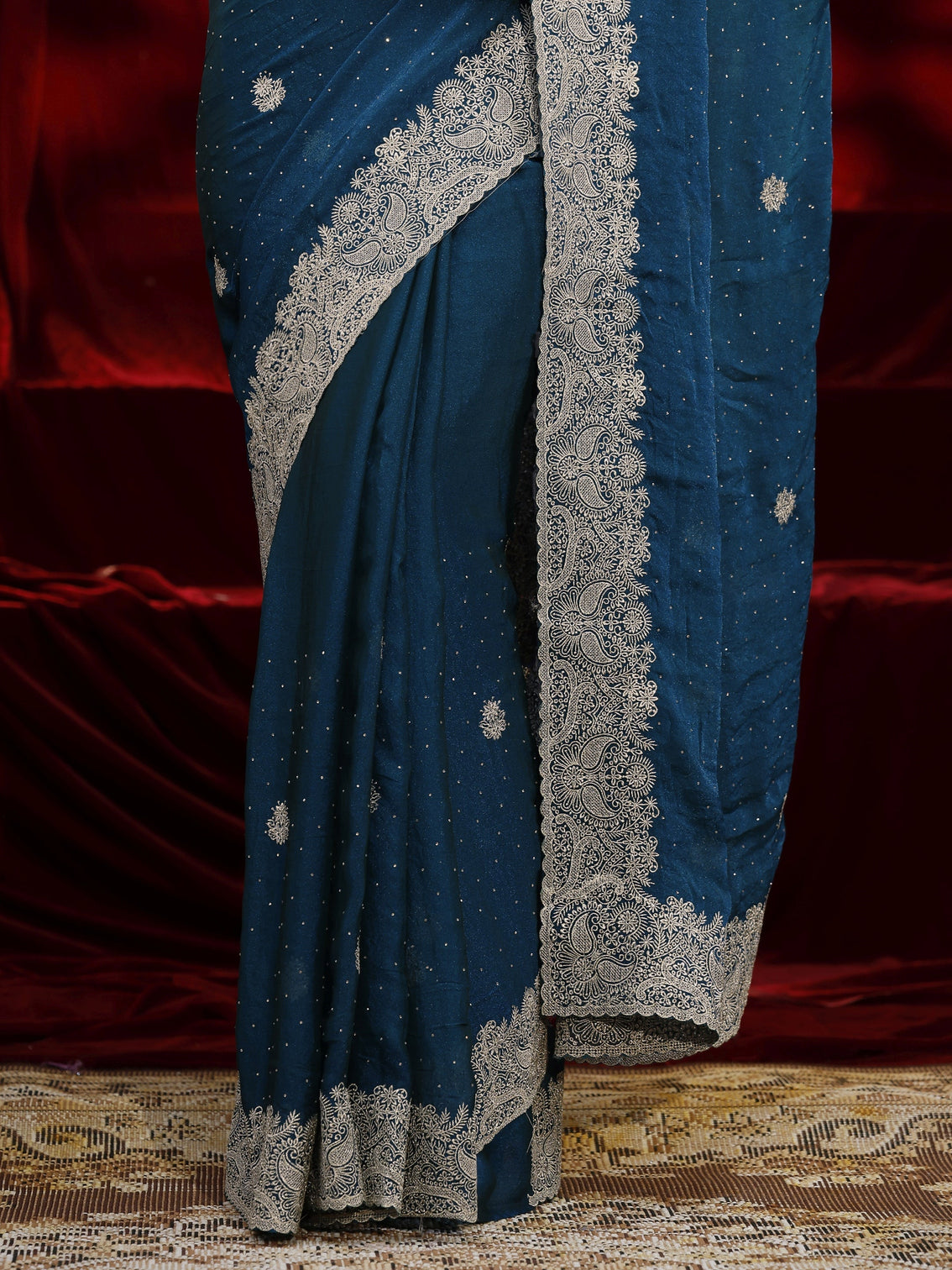 Mameraa Blue Floral Embroidered Tissue Saree