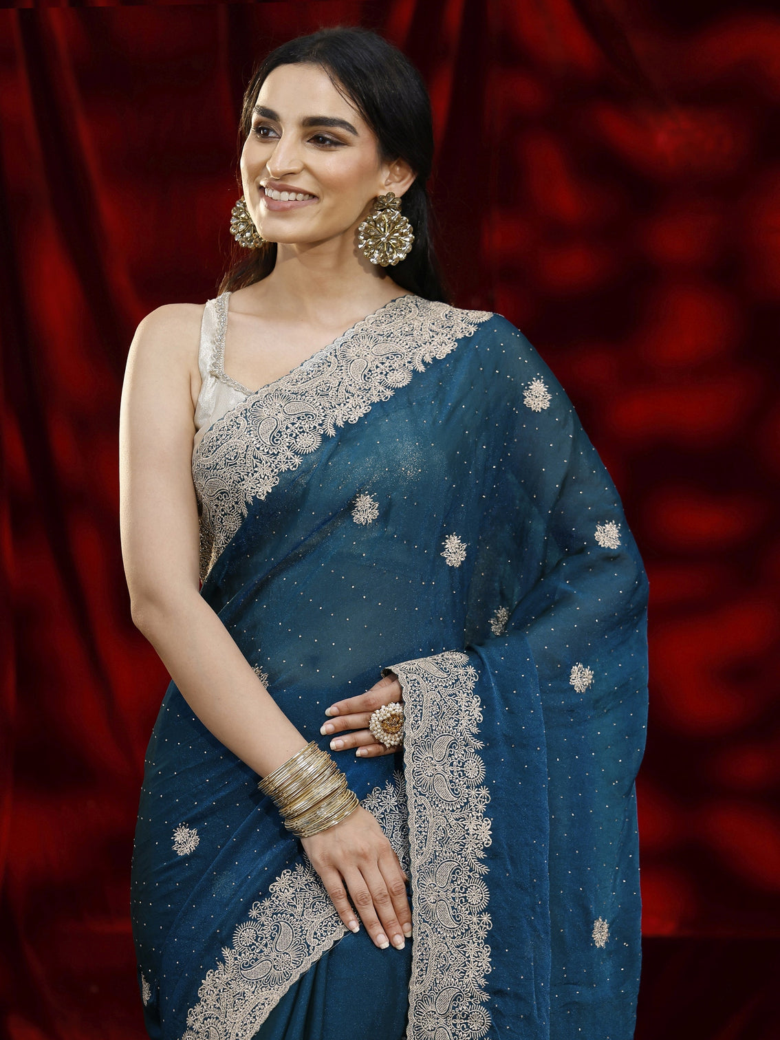 Mameraa Blue Floral Embroidered Tissue Saree