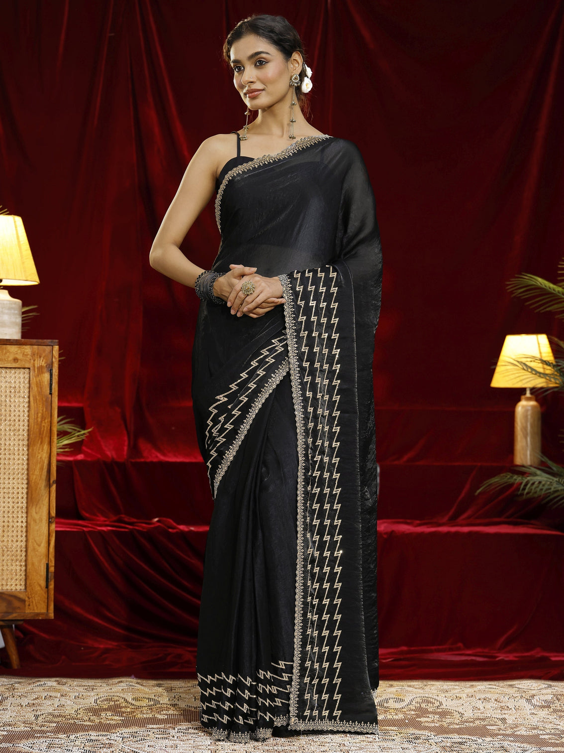 Mameraa Black Solid Tissue Saree