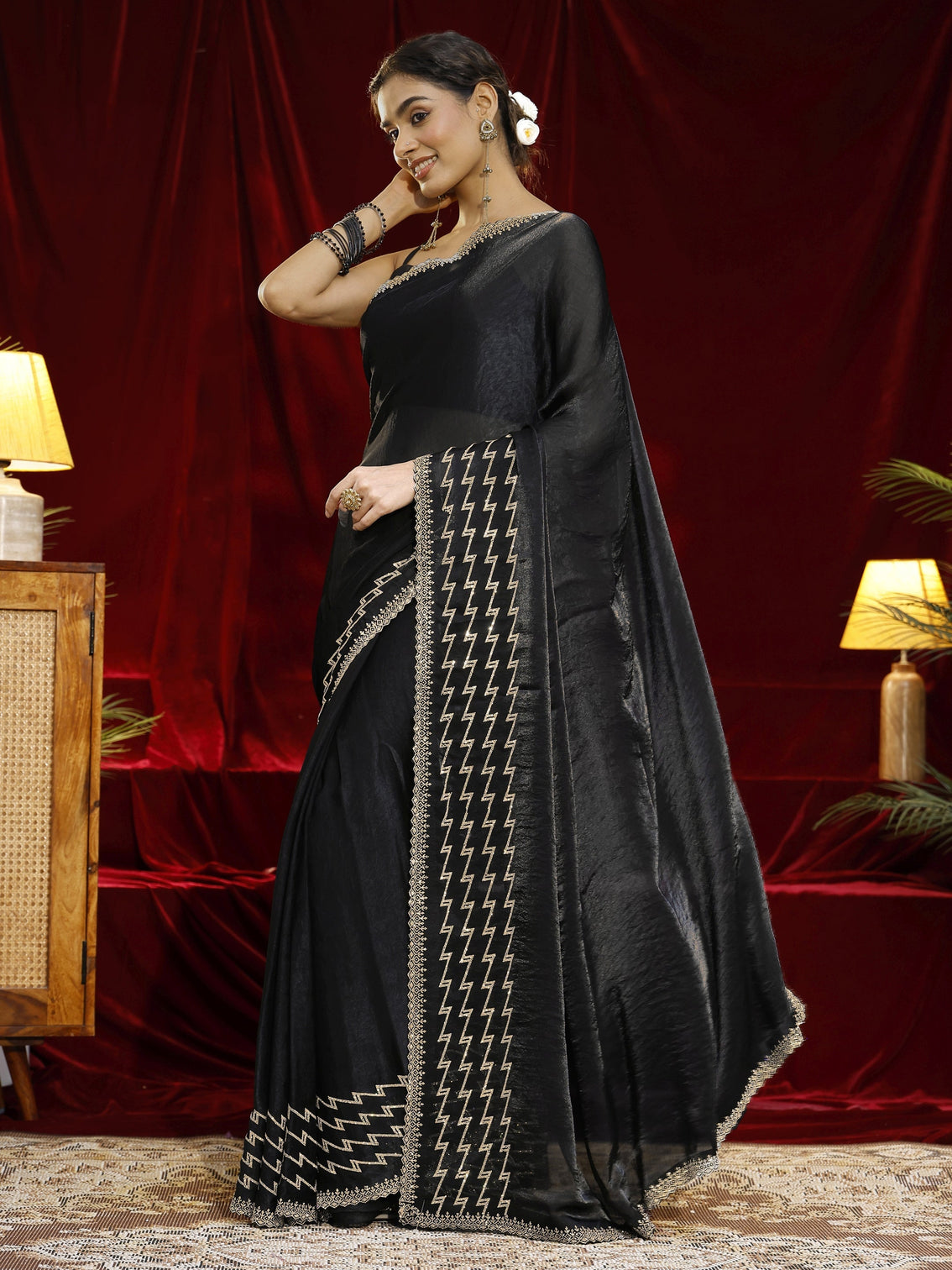 Mameraa Black Solid Tissue Saree