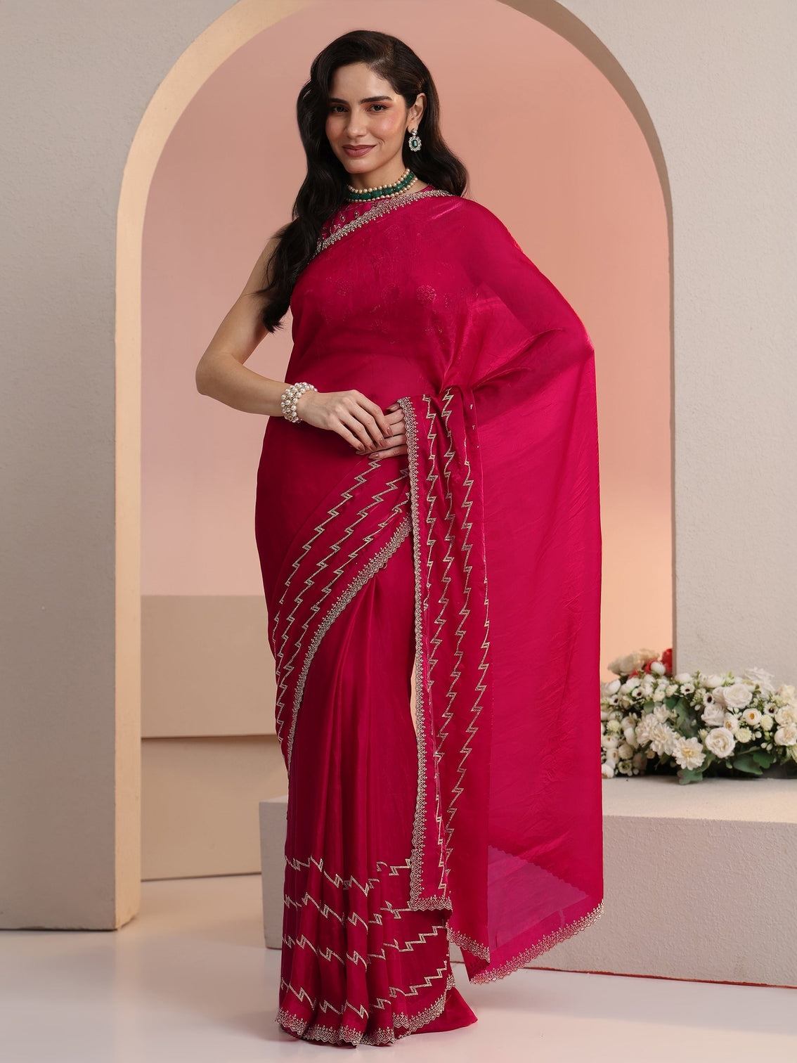 Mameraa Rani Pink Chevron Tissue Saree