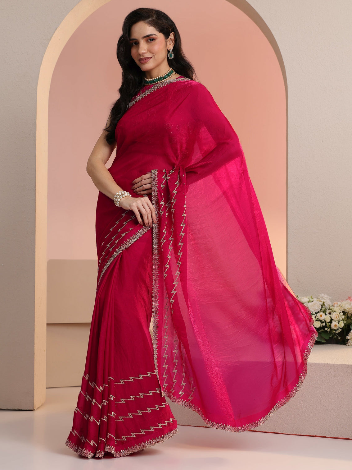Mameraa Rani Pink Chevron Tissue Saree