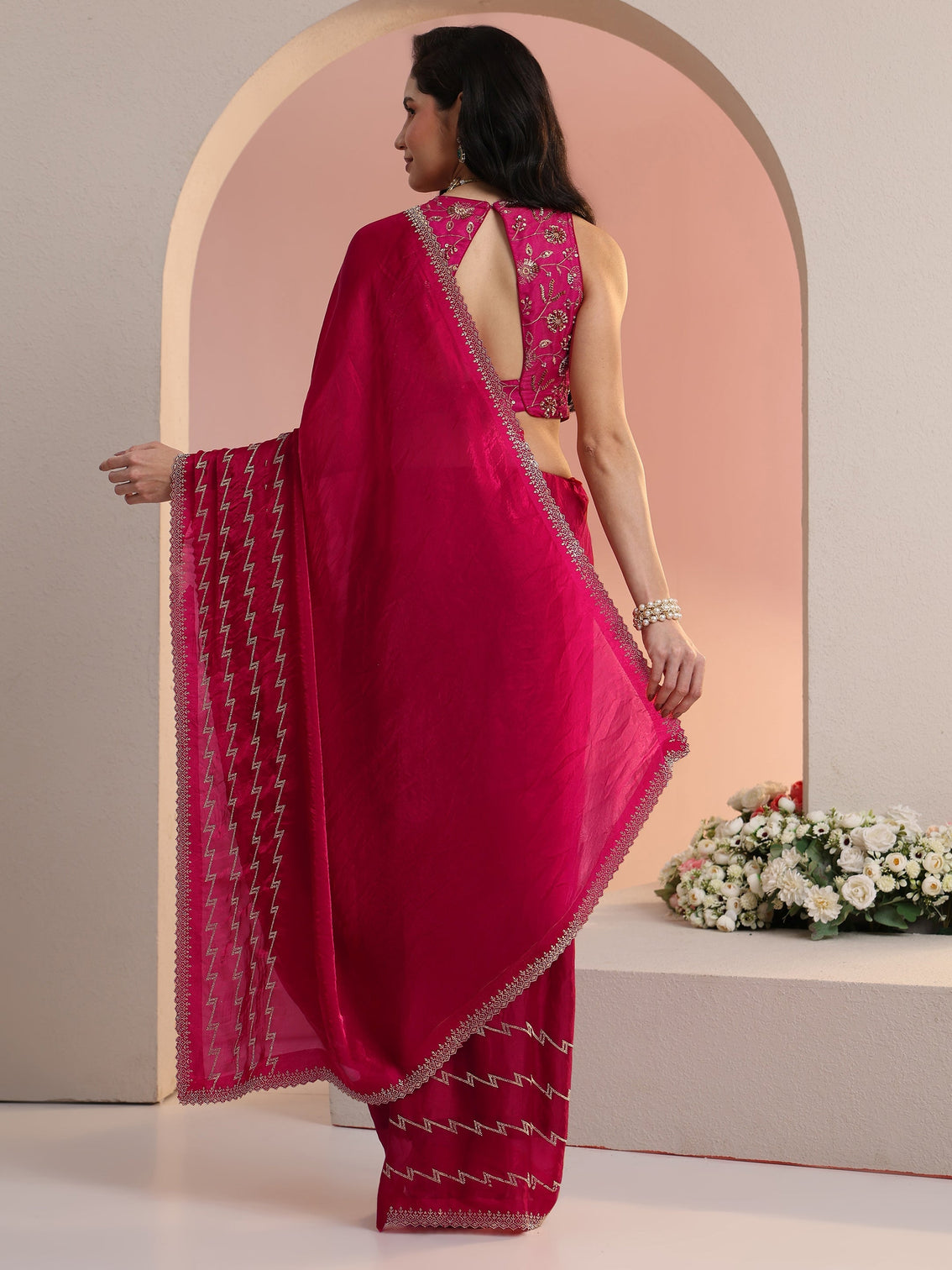 Mameraa Rani Pink Chevron Tissue Saree
