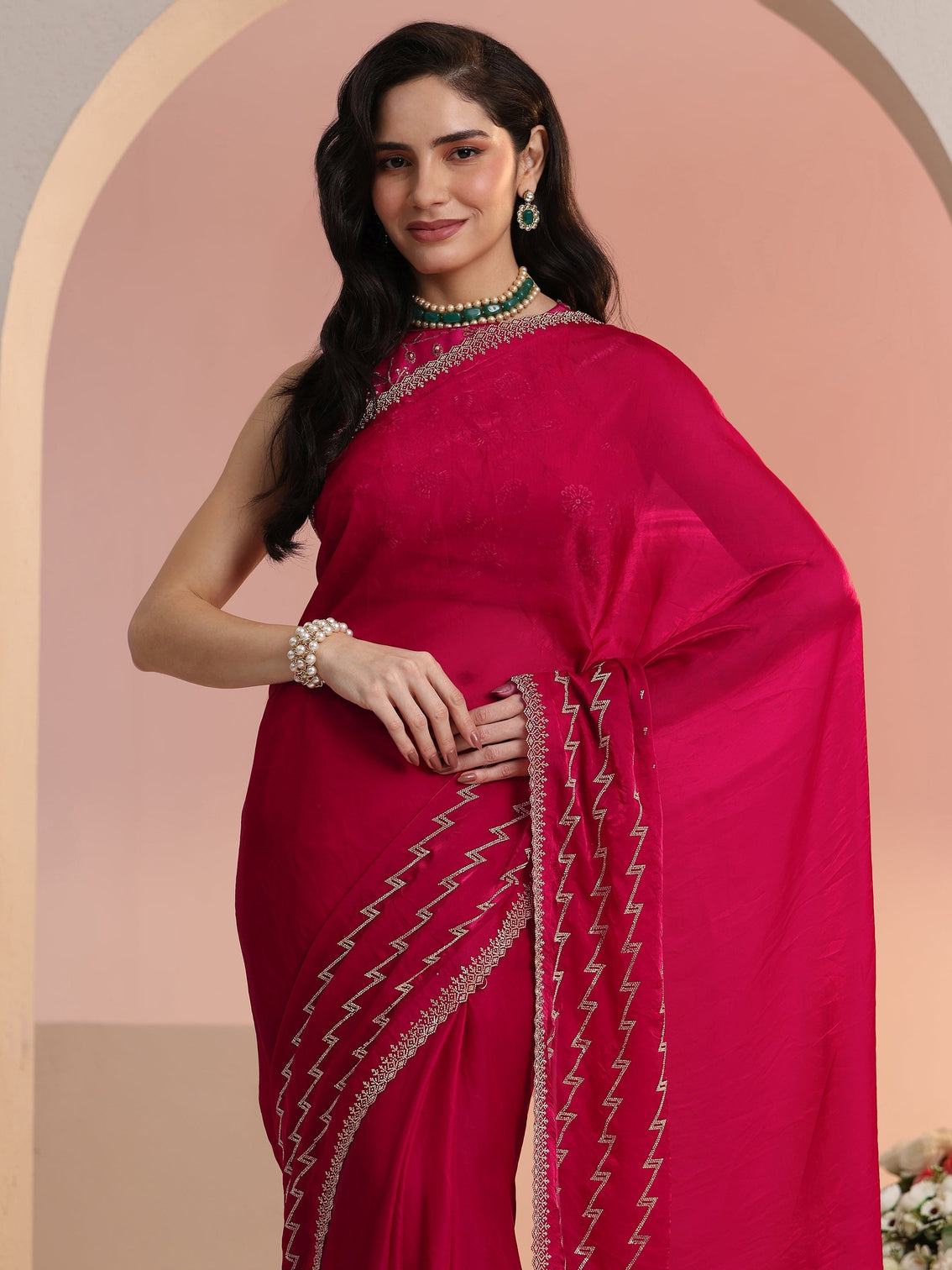 Mameraa Rani Pink Chevron Tissue Saree