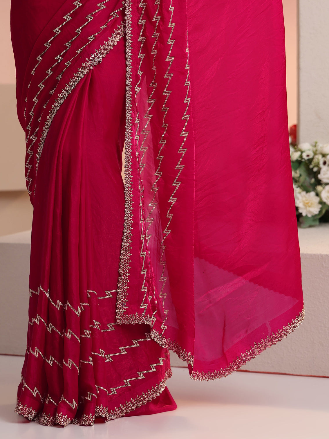 Mameraa Rani Pink Chevron Tissue Saree