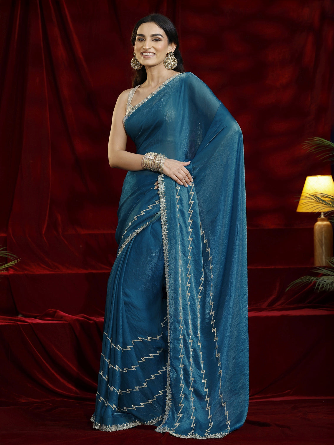 Mameraa Blue Solid Tissue Saree