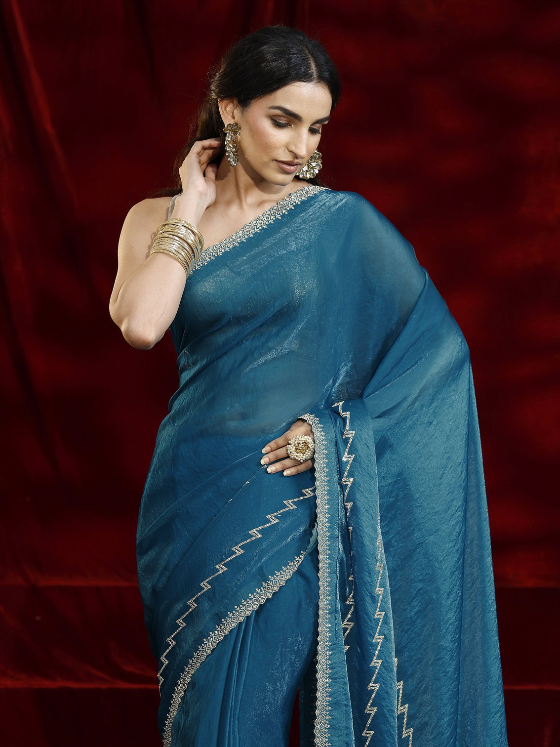 Mameraa Blue Solid Tissue Saree