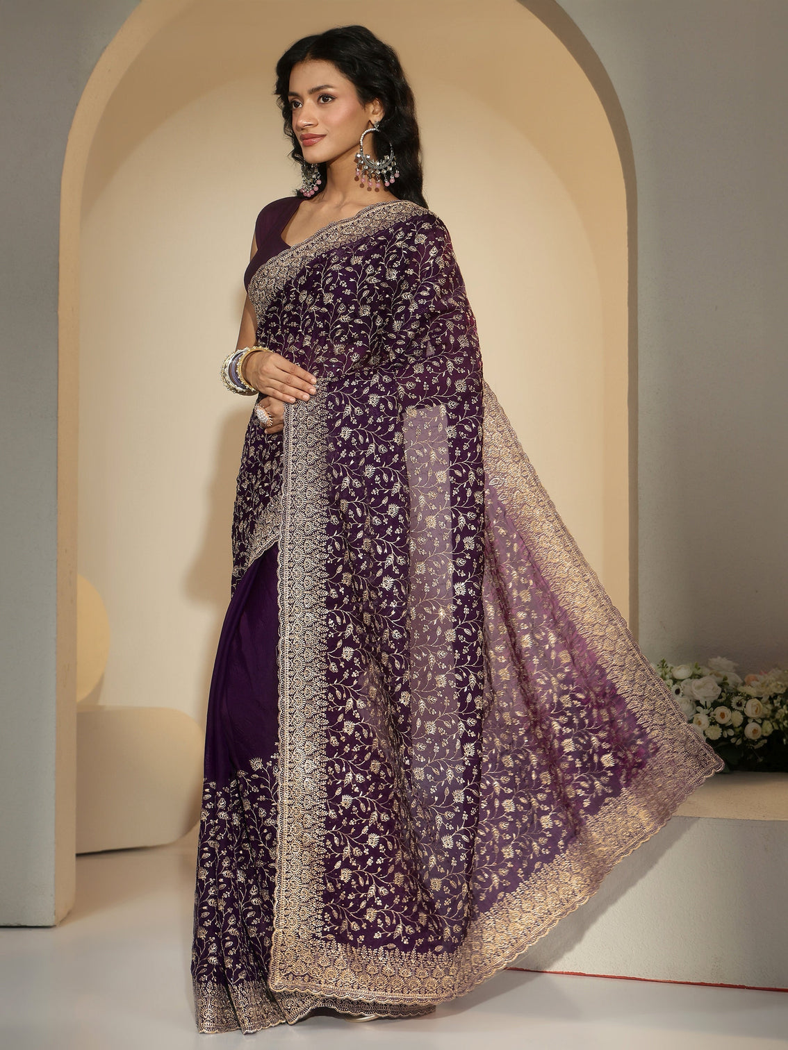 Mameraa Aubergine Purple Floral Embroidered Georgette Saree