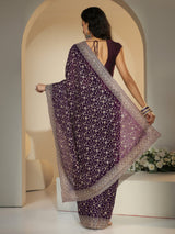 Libas Aubergine Purple Floral Embroidered Georgette Saree