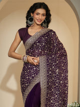 Libas Aubergine Purple Floral Embroidered Georgette Saree