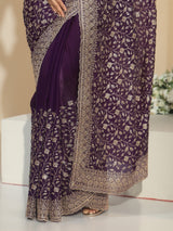 Libas Aubergine Purple Floral Embroidered Georgette Saree