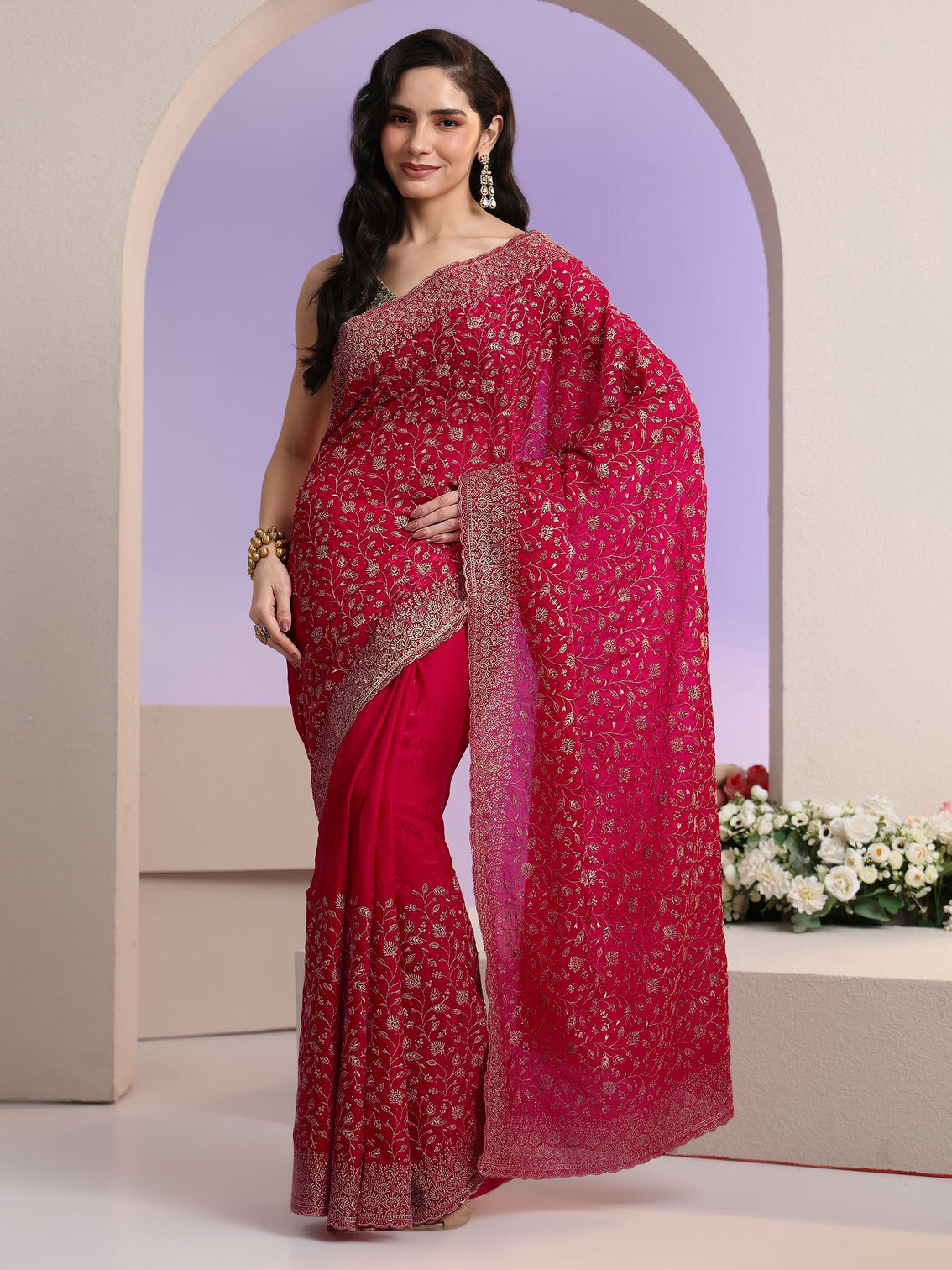 Mameraa Rani Pink Floral Embroidered Georgette Saree