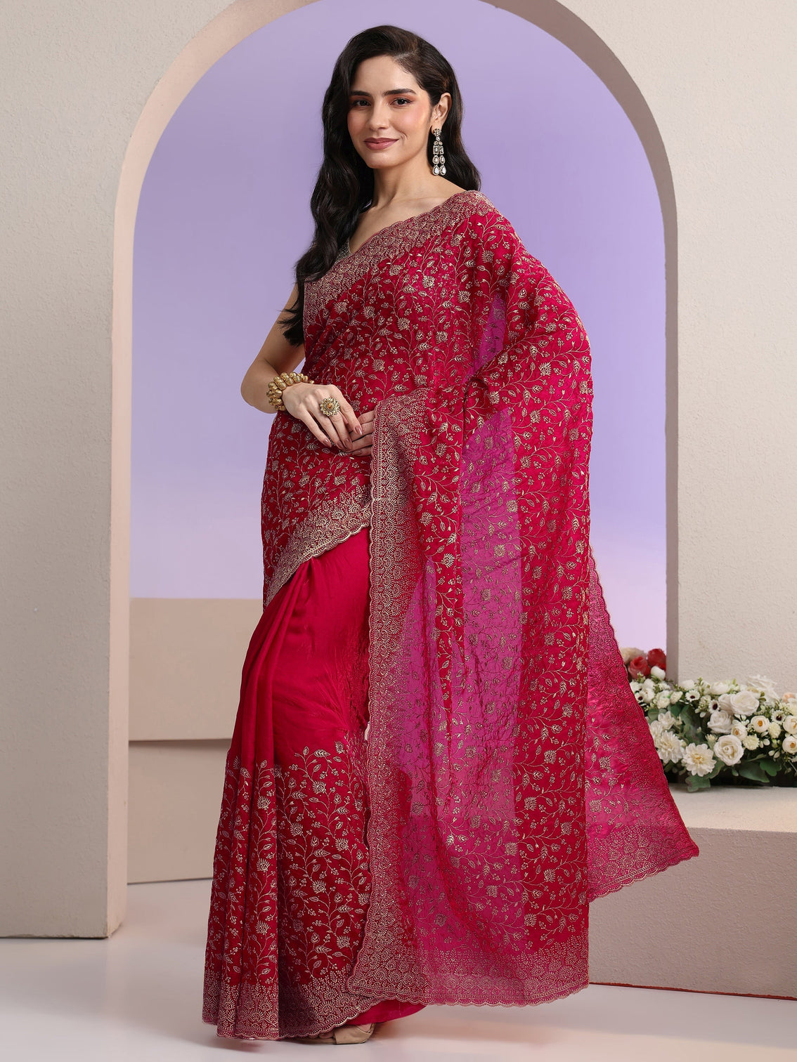 Mameraa Rani Pink Floral Embroidered Georgette Saree