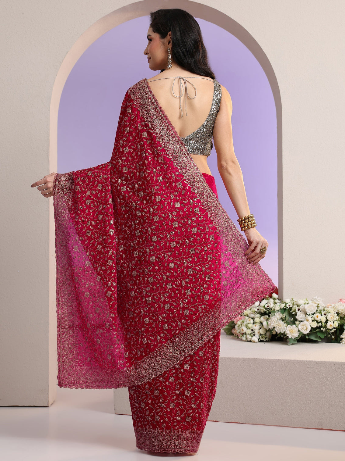 Mameraa Rani Pink Floral Embroidered Georgette Saree