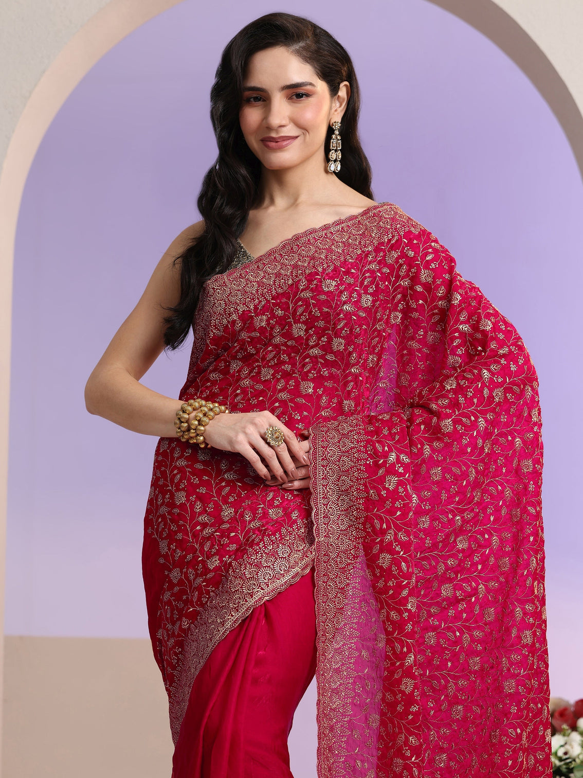 Mameraa Rani Pink Floral Embroidered Georgette Saree