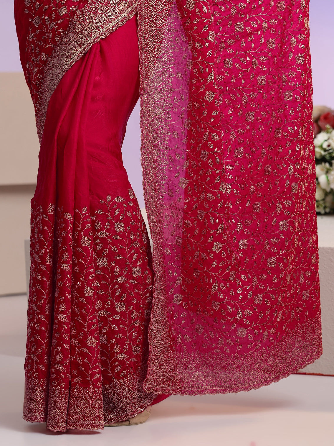 Mameraa Rani Pink Floral Embroidered Georgette Saree
