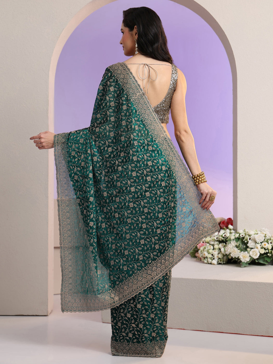 Mameraa Bottle Green Floral Embroidered Georgette Saree