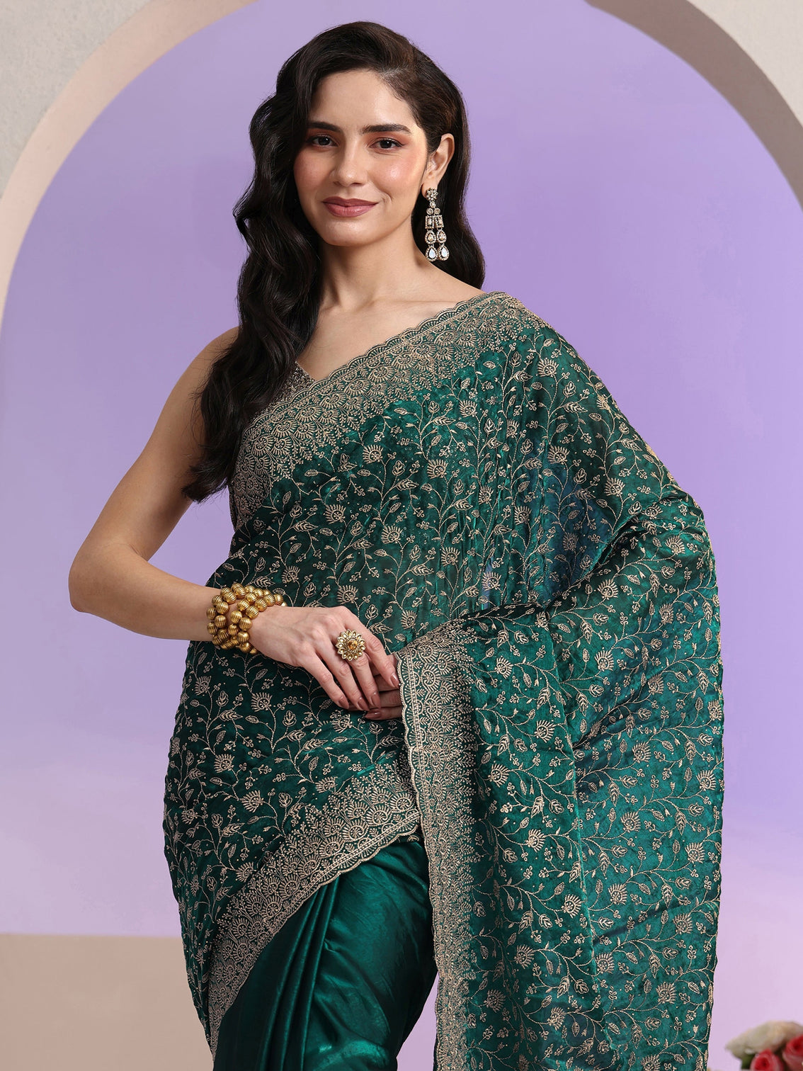 Mameraa Bottle Green Floral Embroidered Georgette Saree