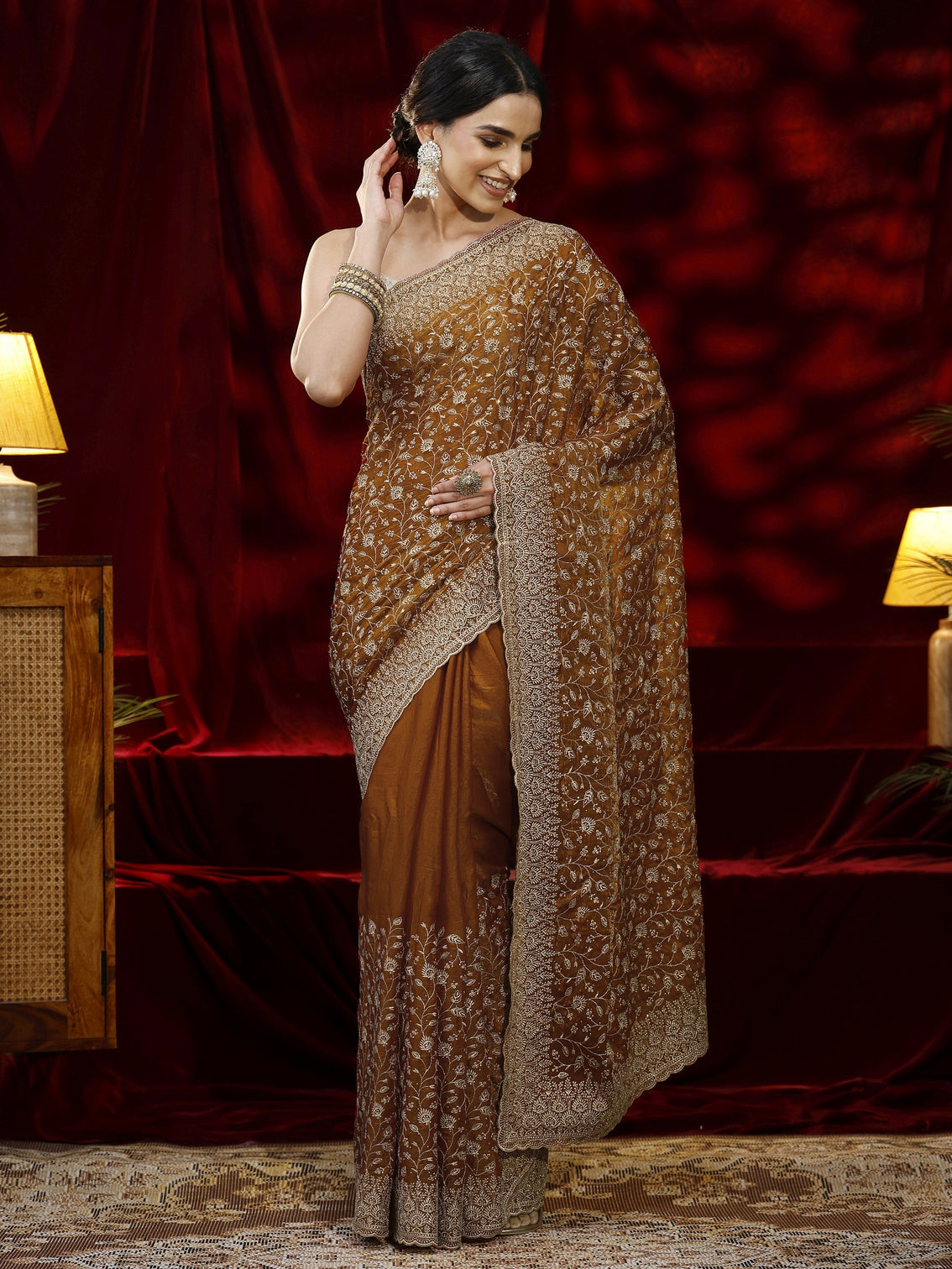 Mameraa Orange Floral Embroidered Georgette Saree
