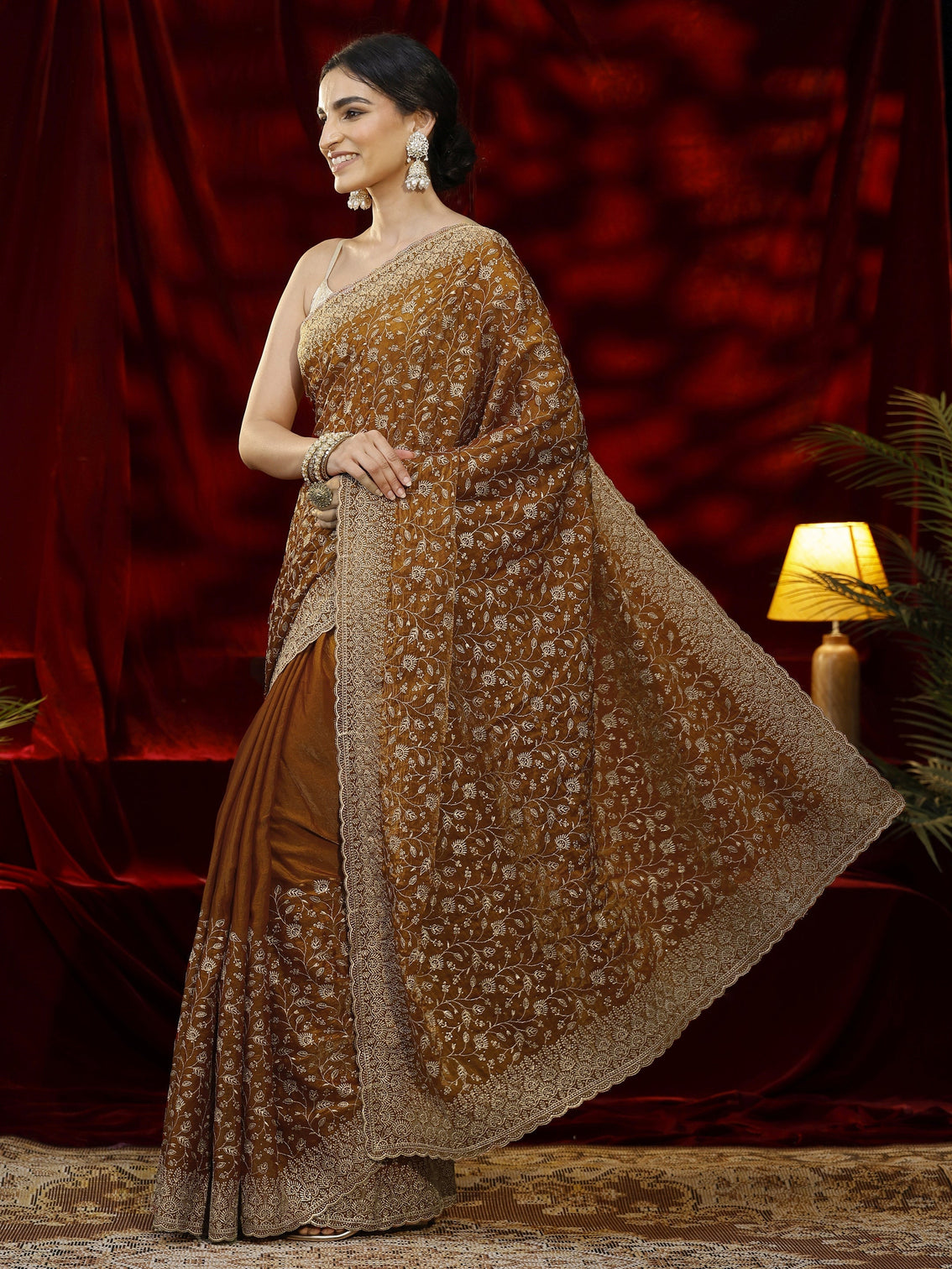 Mameraa Orange Floral Embroidered Georgette Saree