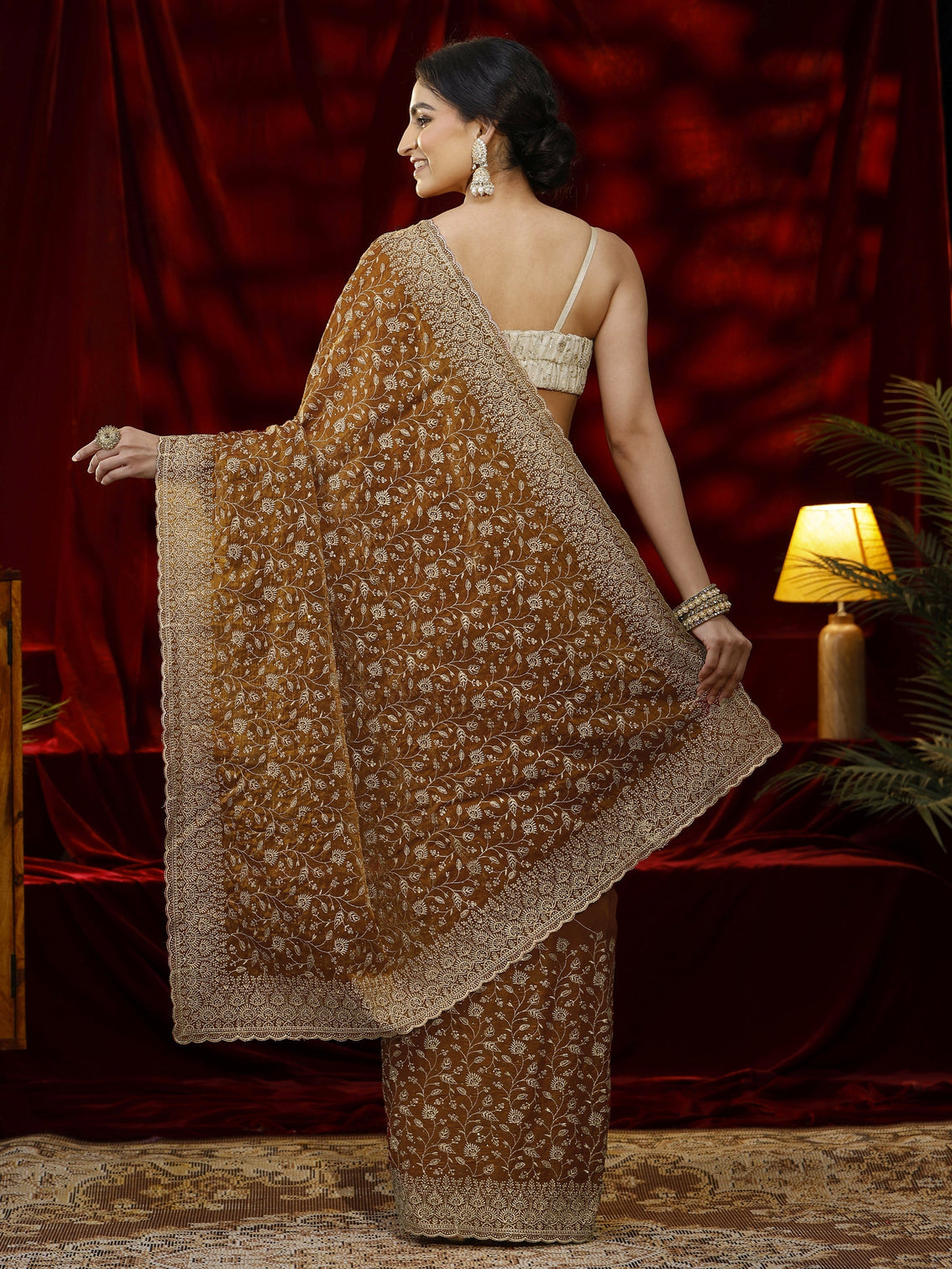 Mameraa Orange Floral Embroidered Georgette Saree