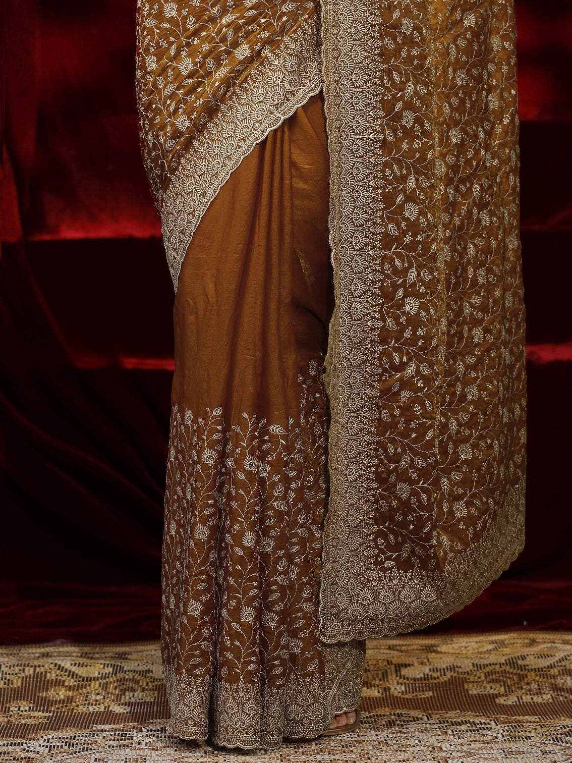 Mameraa Orange Floral Embroidered Georgette Saree