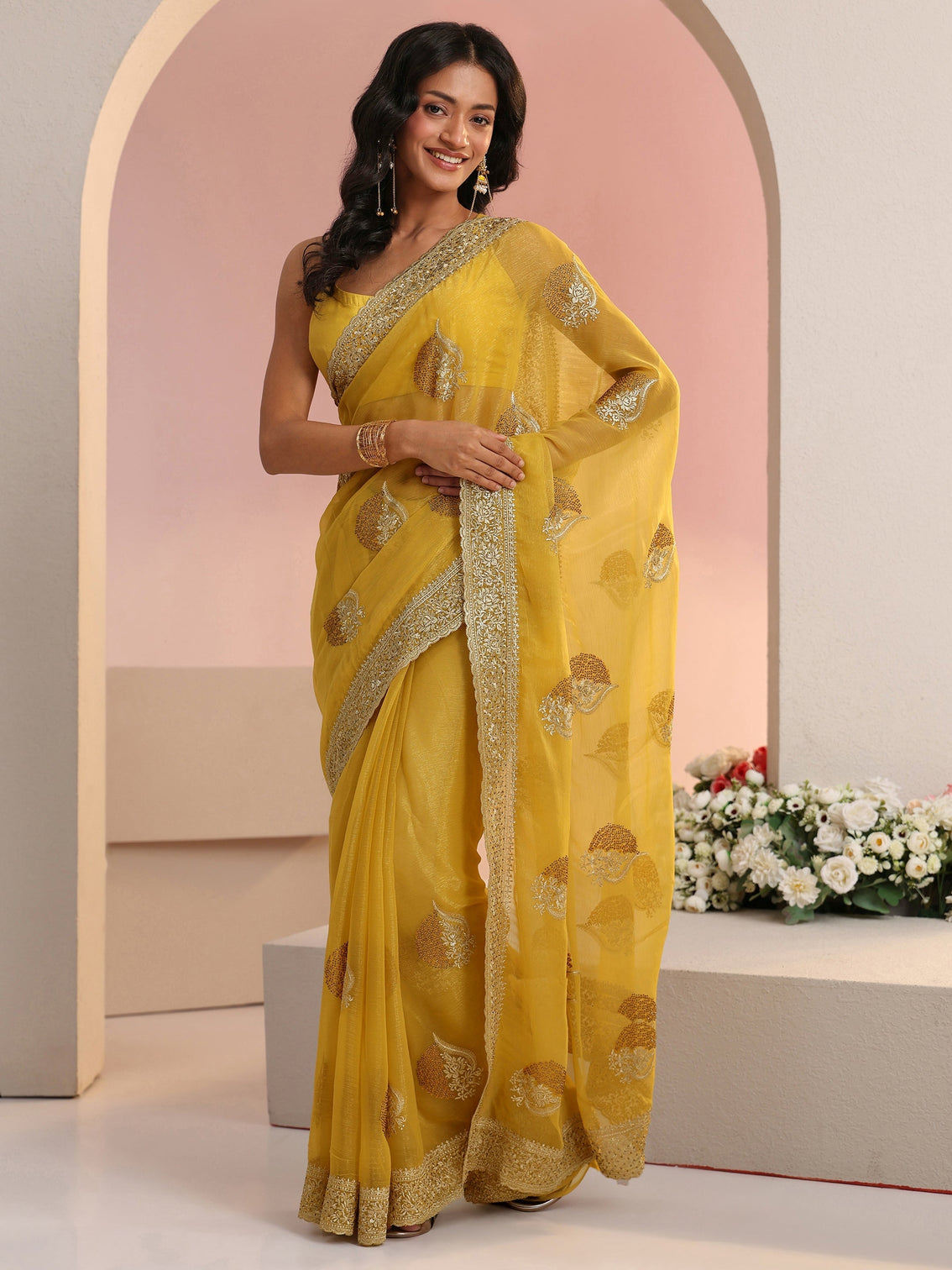 Mameraa Yellow Embroidered Chiffon Saree